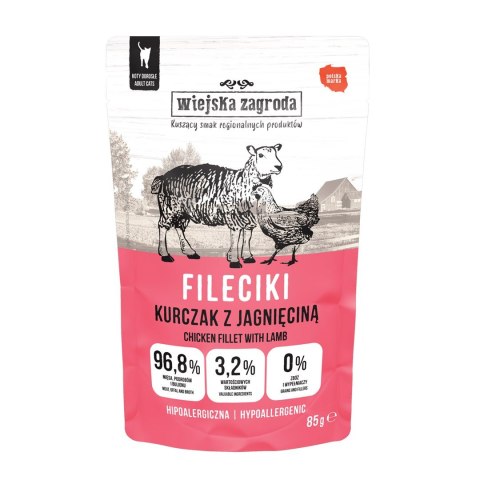 Wiejska Zagroda Karma mokra dla kota Fileciki Kurczak z jagnięciną (dorosły) 85g (12 szt/op) Wiejska Zagroda Karma mokra dla kota Fileciki Kurczak z jagnięciną (dorosły) 85g (12 szt/op)