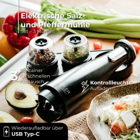 Młynek do przypraw, soli i pieprzu - Zestaw 3 młynków - USB Młynek do przypraw, soli i pieprzu - Zestaw 3 młynków - USB