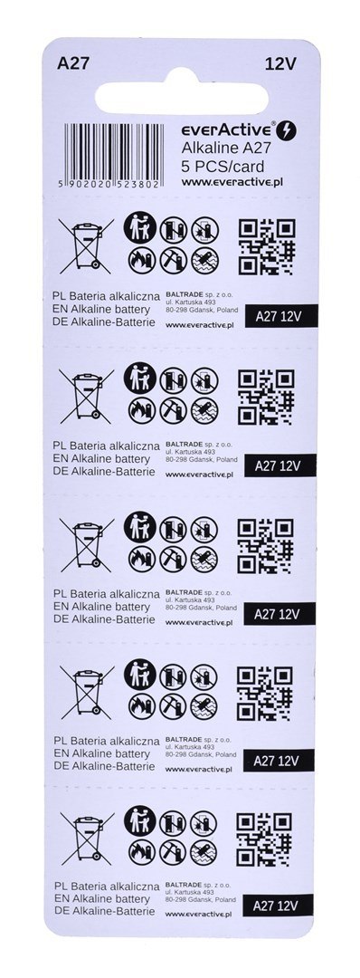 EVERACTIVE BATERIE ALKALICZNE 27A 12V, BLISTER 5 SZT. 27A5BL EVERACTIVE BATERIE ALKALICZNE 27A 12V, BLISTER 5 SZT. 27A5BL