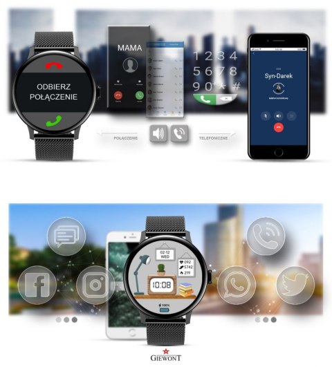 Smartwatch Damski Giewont GW330-3 Czarny-Czarny Pasek Silikonowy + Czarna Bransoleta