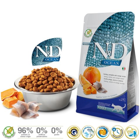FARMINA N&D OCEAN CAT HERRING, PUMPKIN & ORANGE ADULT - sucha karma dla kota ze śledziem, dynią i pomarańczą - 1,5kg FARMINA N&D OCEAN CAT HERRING, PUMPKIN & ORANGE ADULT - sucha karma dla kota ze śledziem, dynią i pomarańczą - 1,5kg