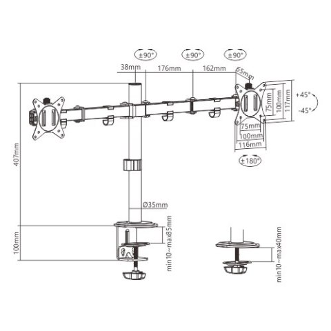 GEMBIRD BIURKOWE REGULOWANE RAMIĘ/UCHWYT NA 2 MONITORY 17-32, 100X100MM, DO 9KG GEMBIRD BIURKOWE REGULOWANE RAMIĘ/UCHWYT NA 2 MONITORY 17-32, 100X100MM, DO 9KG