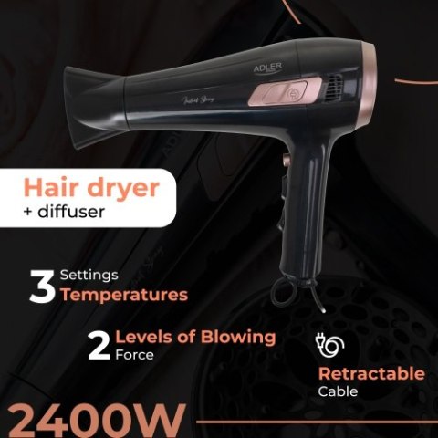 Suszarka ze zwijanym przewodem - 2400W + dyfuzor Suszarka ze zwijanym przewodem - 2400W + dyfuzor