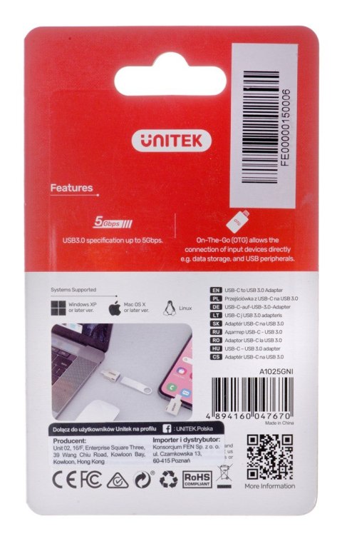 UNITEK ADAPTER USB-C-USB-A 3.1 GEN1, M/F, A1025GNI UNITEK ADAPTER USB-C-USB-A 3.1 GEN1, M/F, A1025GNI
