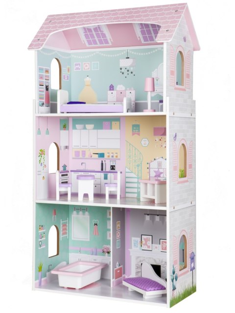 Drewniany domek dla lalek + mebelki wysoka rezydencja Jagodowa ECOTOYS Drewniany domek dla lalek + mebelki wysoka rezydencja Jagodowa ECOTOYS