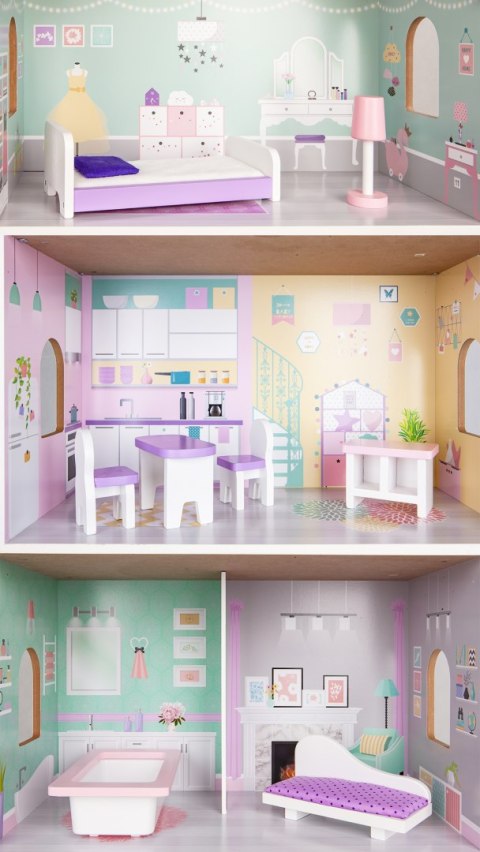 Drewniany domek dla lalek + mebelki wysoka rezydencja Jagodowa ECOTOYS Drewniany domek dla lalek + mebelki wysoka rezydencja Jagodowa ECOTOYS