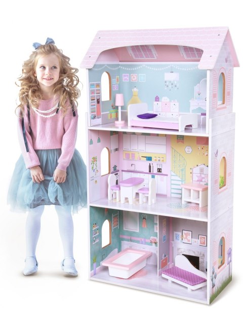 Drewniany domek dla lalek + mebelki wysoka rezydencja Jagodowa ECOTOYS Drewniany domek dla lalek + mebelki wysoka rezydencja Jagodowa ECOTOYS
