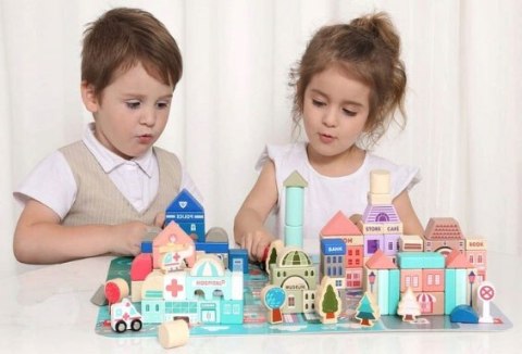 Drewniane klocki edukacyjne miasto z matą 115 szt Drewniane klocki edukacyjne miasto z matą 115 szt