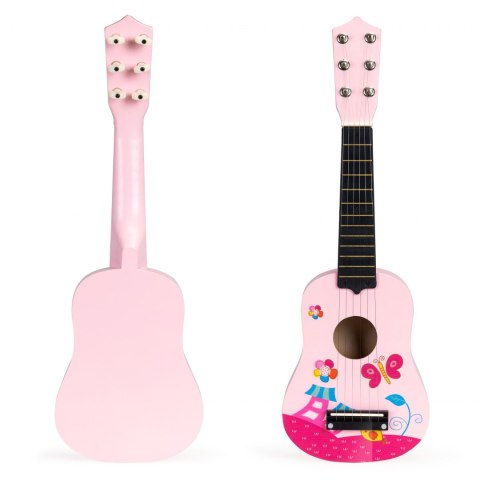 Gitara dla dzieci drewniana metalowe struny kostka- różowa Gitara dla dzieci drewniana metalowe struny kostka- różowa