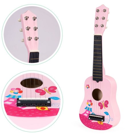 Gitara dla dzieci drewniana metalowe struny kostka- różowa Gitara dla dzieci drewniana metalowe struny kostka- różowa