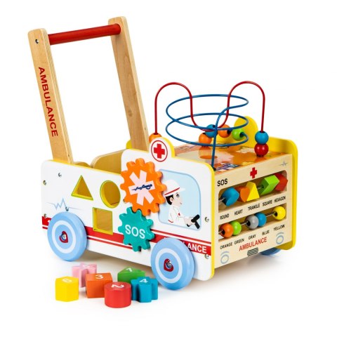 Drewniany pchacz edukacyjny 2w1 kostka + klocki - Karetka Drewniany pchacz edukacyjny 2w1 kostka + klocki - Karetka