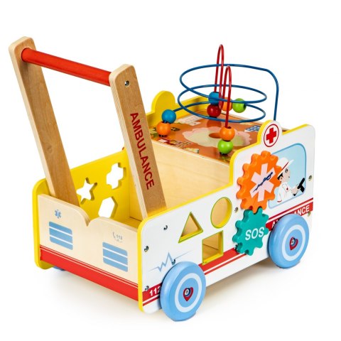 Drewniany pchacz edukacyjny 2w1 kostka + klocki - Karetka Drewniany pchacz edukacyjny 2w1 kostka + klocki - Karetka