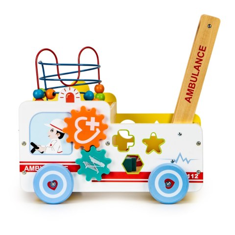Drewniany pchacz edukacyjny 2w1 kostka + klocki - Karetka Drewniany pchacz edukacyjny 2w1 kostka + klocki - Karetka