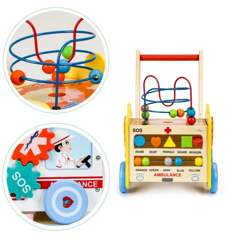 Drewniany pchacz edukacyjny 2w1 kostka + klocki - Karetka Drewniany pchacz edukacyjny 2w1 kostka + klocki - Karetka