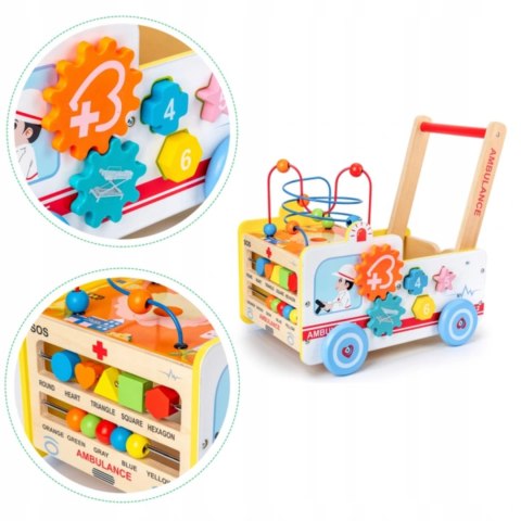 Drewniany pchacz edukacyjny 2w1 kostka + klocki - Karetka Drewniany pchacz edukacyjny 2w1 kostka + klocki - Karetka