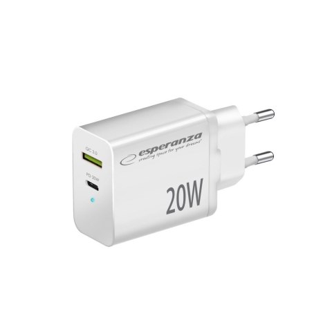 ESPERANZA ŁADOWARKA SIECIOWA 20W USB-C PD 20W / USB-A QC 3.0 18W BIAŁA EZC105W ESPERANZA ŁADOWARKA SIECIOWA 20W USB-C PD 20W / USB-A QC 3.0 18W BIAŁA EZC105W