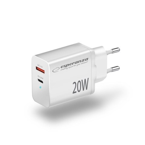 ESPERANZA ŁADOWARKA SIECIOWA 20W USB-C PD 20W / USB-A QC 3.0 18W BIAŁA EZC105W ESPERANZA ŁADOWARKA SIECIOWA 20W USB-C PD 20W / USB-A QC 3.0 18W BIAŁA EZC105W