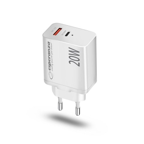ESPERANZA ŁADOWARKA SIECIOWA 20W USB-C PD 20W / USB-A QC 3.0 18W BIAŁA EZC105W ESPERANZA ŁADOWARKA SIECIOWA 20W USB-C PD 20W / USB-A QC 3.0 18W BIAŁA EZC105W