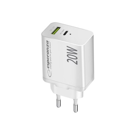 ESPERANZA ŁADOWARKA SIECIOWA 20W USB-C PD 20W / USB-A QC 3.0 18W BIAŁA EZC105W ESPERANZA ŁADOWARKA SIECIOWA 20W USB-C PD 20W / USB-A QC 3.0 18W BIAŁA EZC105W