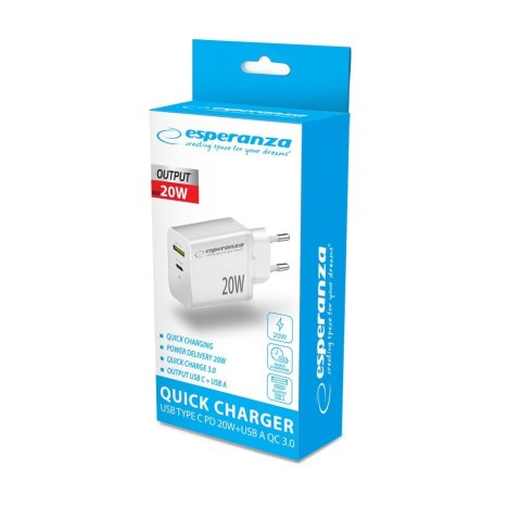ESPERANZA ŁADOWARKA SIECIOWA 20W USB-C PD 20W / USB-A QC 3.0 18W BIAŁA EZC105W ESPERANZA ŁADOWARKA SIECIOWA 20W USB-C PD 20W / USB-A QC 3.0 18W BIAŁA EZC105W