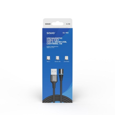 SAVIO KABEL MAGNETYCZNY USB - USB TYP C, MICRO I LIGHTNING, 1M, CZARNY CL-152