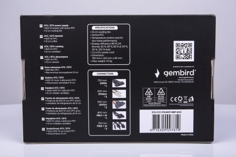 GEMBIRD ZASILACZ KOMPUTEROWY PSU80P-BBP-600 80+BRONZE ATX, 600W, AKTYWNE PFC, 12CM WENTYLATOR GEMBIRD ZASILACZ KOMPUTEROWY PSU80P-BBP-600 80+BRONZE ATX, 600W, AKTYWNE PFC, 12CM WENTYLATOR