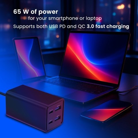 GEMBIRD 4-PORTOWA SZYBKA ŁADOWARKA SIECIOWA GAN (PD) USB (2X USB-A + 2X USB-C), 65W, CZARNA
