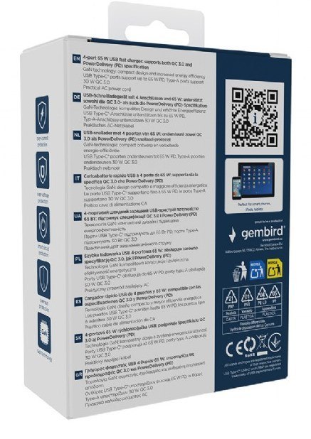 GEMBIRD 4-PORTOWA SZYBKA ŁADOWARKA SIECIOWA GAN (PD) USB (2X USB-A + 2X USB-C), 65W, CZARNA