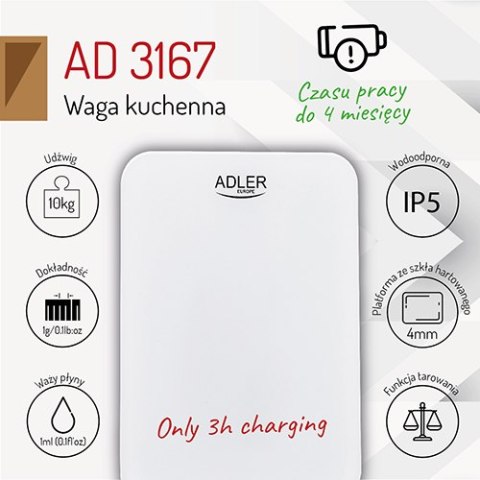 Waga kuchenna - 10kg - ładowana przez USB - wodoodporna IPX5