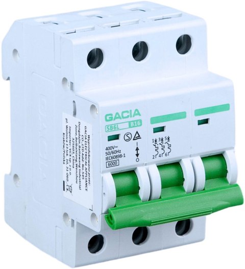 Wyłącznik nadmiarowoprądowy,6kA,B,3-pola,6A GACIA SB6L B 3P 6A Wyłącznik nadmiarowoprądowy,6kA,B,3-pola,6A GACIA SB6L B 3P 6A