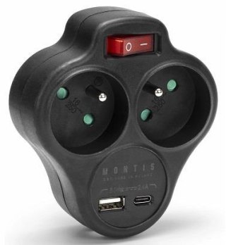 Rozgałęźnik sieciowy podwójny z wyłącznikiem + USB-A + USB-C MONTIS MT144-BK czarny
