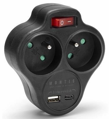 Rozgałęźnik sieciowy podwójny z wyłącznikiem + USB-A + USB-C MONTIS MT144-BK czarny Rozgałęźnik sieciowy podwójny z wyłącznikiem + USB-A + USB-C MONTIS MT144-BK czarny