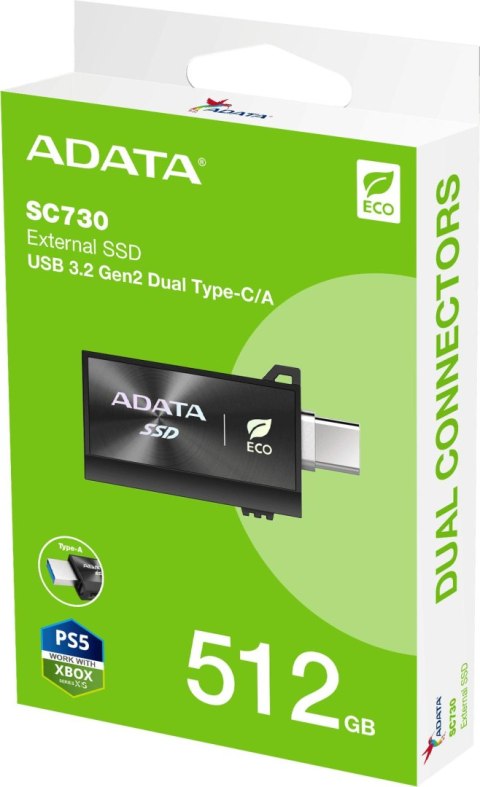 Adata Dysk Zewnętrzny SSD SC730 512G USB 3.2C/A 600/600MB/s czarny Adata Dysk Zewnętrzny SSD SC730 512G USB 3.2C/A 600/600MB/s czarny