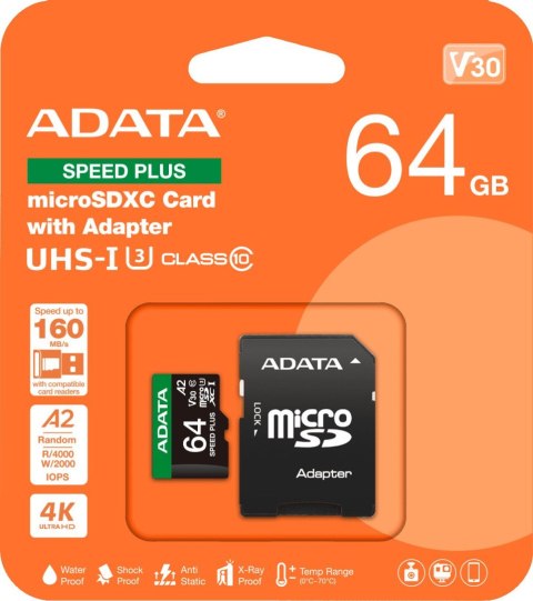 Adata Karta pamięci microSD Speed Plus 64GB UHS1 U3 V30 A2 160/140 MB/s Adata Karta pamięci microSD Speed Plus 64GB UHS1 U3 V30 A2 160/140 MB/s