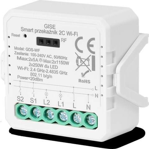 GISE Smart Podwójny moduł przekaźnikowy WiFi | Tuya | GDS-WF GISE Smart Podwójny moduł przekaźnikowy WiFi | Tuya | GDS-WF