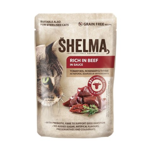 SHELMA saszetka - pełnoporcjowa bezzbożowa karma dla dorosłych kotów. Z kurczakiem, wołowiną, indykiem, kaczką 12x 85 g