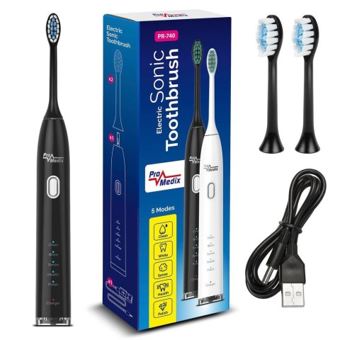 Szczoteczka soniczna do zębów Promedix PR-740 B kolor czarny, 5 trybów, timer, wskaźnik poziomu naładowania baterii 2 końcówki w Szczoteczka soniczna do zębów Promedix PR-740 B kolor czarny, 5 trybów, timer, wskaźnik poziomu naładowania baterii 2 końcówki w