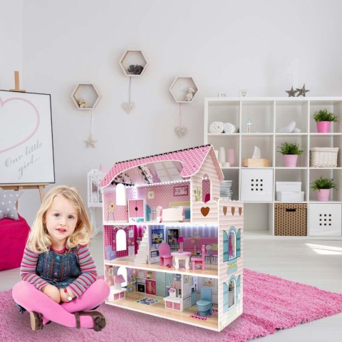 Domek dla lalek drewniany MDF + mebelki 70cm różowy LED