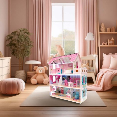 Domek dla lalek drewniany MDF + mebelki 70cm różowy LED