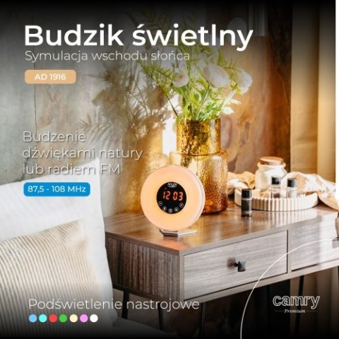Budzik świetlny | Symulacja wschodu słońca | Dźwięki natury | Radio FM | Podświetlenie nastrojowe