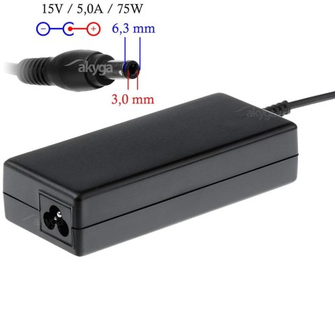 Zasilacz sieciowy Akyga AK-ND-14 do notebooka 15V/5,0A 75W 6.3x3.0 mm Zasilacz sieciowy Akyga AK-ND-14 do notebooka 15V/5,0A 75W 6.3x3.0 mm