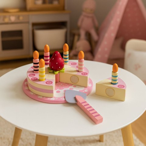 Zestaw drewniany tort na rzepy świeczki owoce dla dzieci 16 elementów
