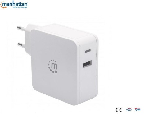 Zasilacz sieciowy Manhattan Power Delivery 230V USB-C, 45W USB-A 5V, biały Zasilacz sieciowy Manhattan Power Delivery 230V USB-C, 45W USB-A 5V, biały