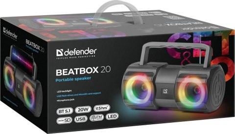 GŁOŚNIK DEFENDER BEATBOX 20 BLUETOOTH 20W LIGHT/BT/MIC/FM/USB/TF