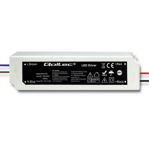 Zasilacz impulsowy LED Qoltec IP67 | 75W | 12V | 6.25A Zasilacz impulsowy LED Qoltec IP67 | 75W | 12V | 6.25A