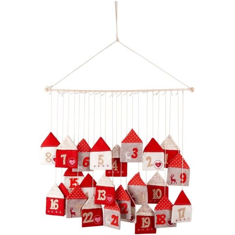 Kalendarz adwentowy na patyku wiszący filcowy czerwony 70x60 cm