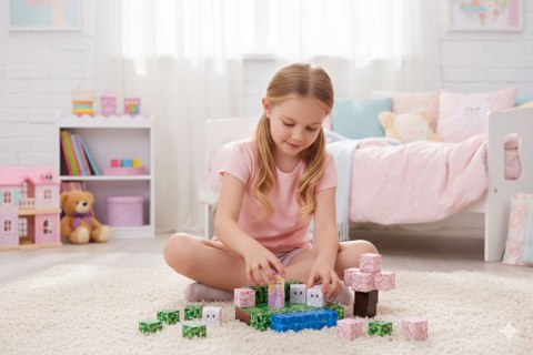 Klocki magnetyczne konstrukcyjne zestaw dla dzieci 96 elementów sześciany różowy zamek