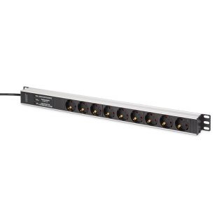 Listwa zasilająca DIGITUS PDU Rack (620mm) z zab. przeciwprzepięciowym + filtr EMI/RFI, 9 gniazd Schuko CEE 7/3 (45°), kabel 2m 