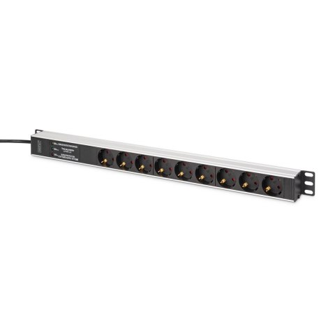 Listwa zasilająca DIGITUS PDU Rack (620mm) z zab. przeciwprzepięciowym + filtr EMI/RFI, 9 gniazd Schuko CEE 7/3 (45°), kabel 2m 