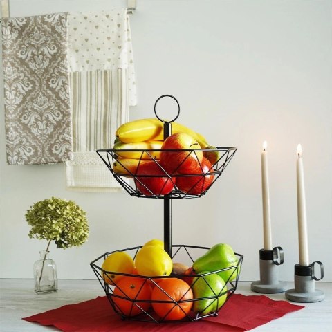Koszyk na Owoce Warzywa 2-Poziomowy Metalowy Czarny Solidny VILDE 43 x 30cm